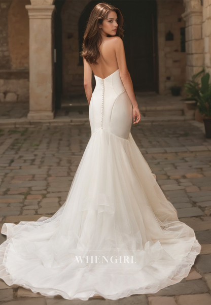 Sweetheart Mermaid Wedding Dress Sleeveless Ruched Satin Bridal Dress with Lace Sweep Train