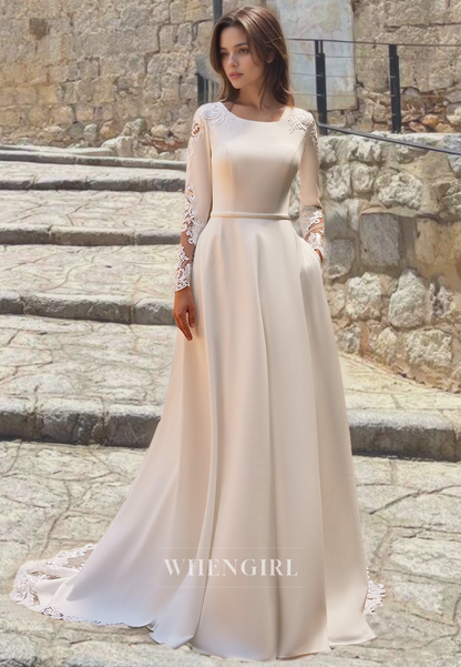 Scoop Neck A-Line Long Sleeves Sweep Train Pleated Satin Wedding Dress with Appliques Bridal Dress