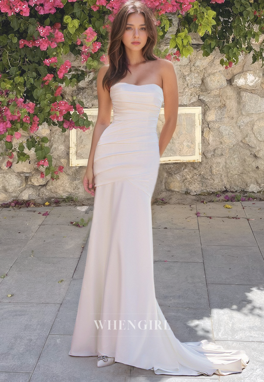 Sweetheart Mermaid Beach Wedding Dress Sleeveless Ruched Satin Boho Gowns with Sweep Train