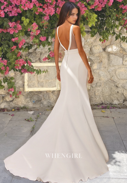 V-Neck Sheath Spaghetti Straps Stripe Satin Wedding Dress with Brush Train Bridal Gowns