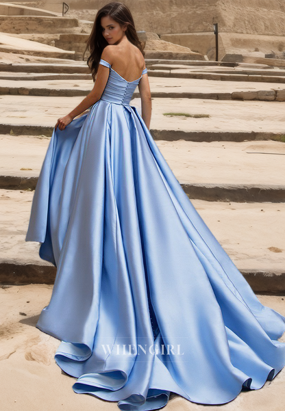 A-Line Off-Shoulder Sleeveless Sweep Train Ruched Satin Wedding Dress with Floral Bridal Gowns