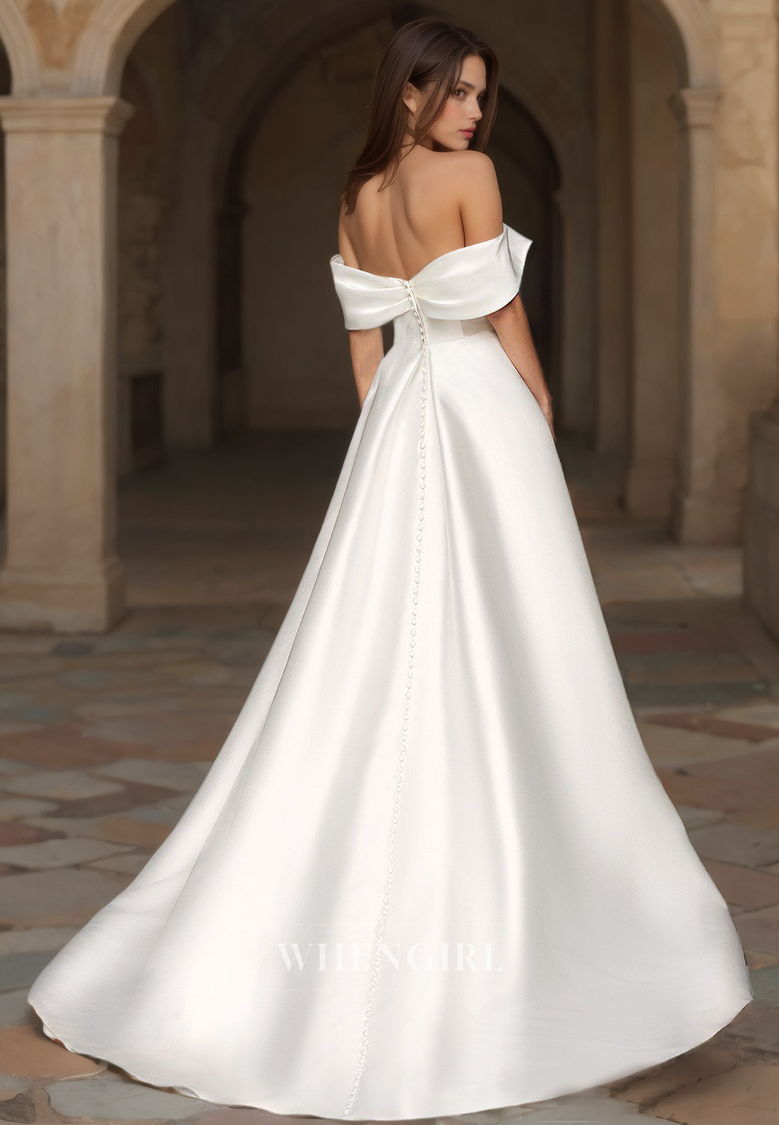 Off-Shoulder A-Line Sleeveless Ruched High Split Satin Wedding Dress with Train Bridal Gowns