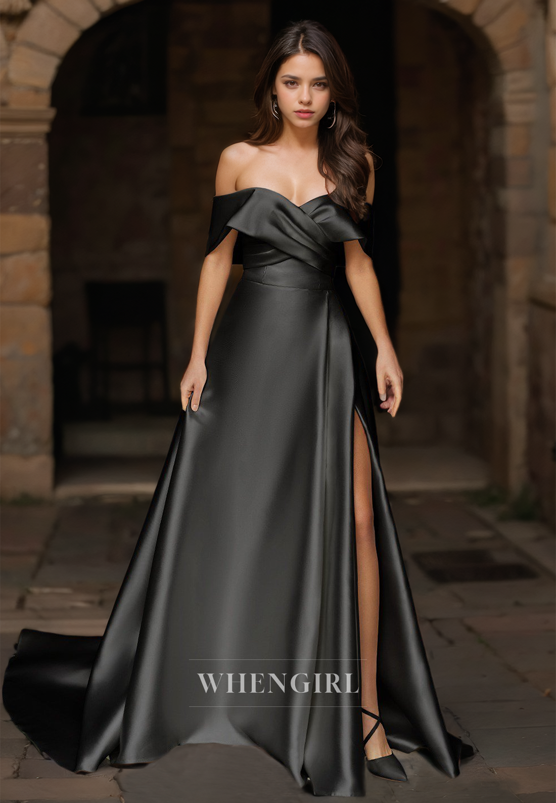 Off-Shoulder A-Line Sleeveless Ruched High Split Satin Wedding Dress with Train Bridal Gowns