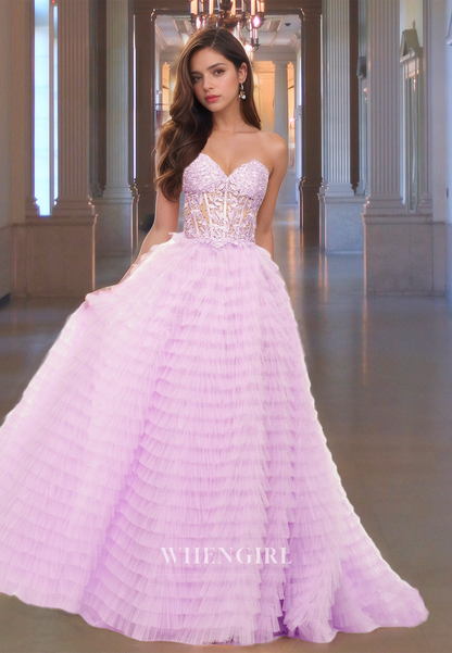 Sweetheart A-Line Sleeveless Stripe Sweep Train Lace Prom Dress with Appliques Formal Gowns