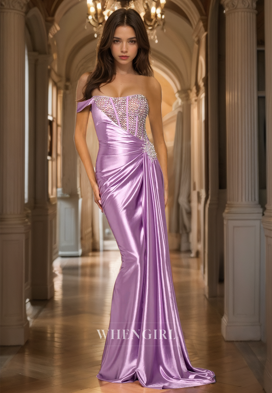 One Shoulder Sheath Sleeveless Train Pleats Satin Prom Dress with Beads Formal Gowns