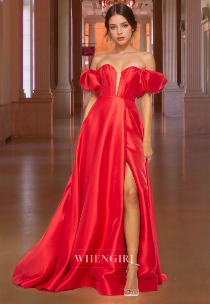 A-Line Sweetheart Puff Sleeves Prom Dress High Split Pleated Satin Party Dress with Train