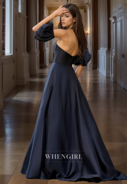 A-Line Sweetheart Puff Sleeves Prom Dress High Split Pleated Satin Party Dress with Train