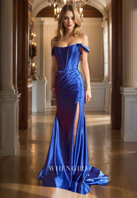 Off-Shoulder Sheath Evening Dress Sleeveless Train Pleats Satin Prom Dress with Slit