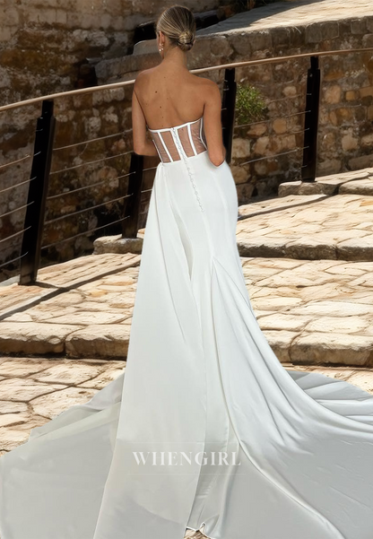 Sweetheart Sleeveless Mermaid Court Train Ruched Satin Wedding Dress with Beads Bridal Gowns