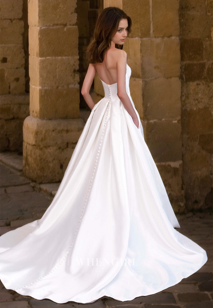 A-Line Sweetheart Sleeveless Wedding Dress High Split Ruched Satin Bridal Dress with Train