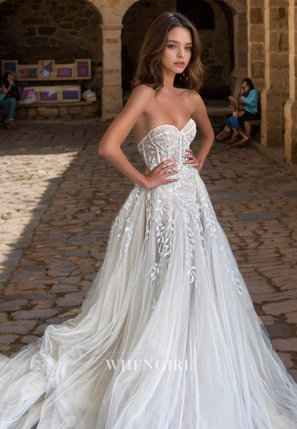 A-Line Sweetheart Wedding Dress Sleeveless Lace Appliques Stripe Bridal Gowns with Slit