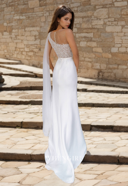 Asymmetrical Scoop Neck Sleeveless Sheath Long Satin Wedding Dress Bridal Gowns with Beaded