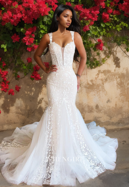 Spaghetti Straps Sweetheart Mermaid Sleeveless Wedding Dress Appliques Lace Bridal Dress with Train