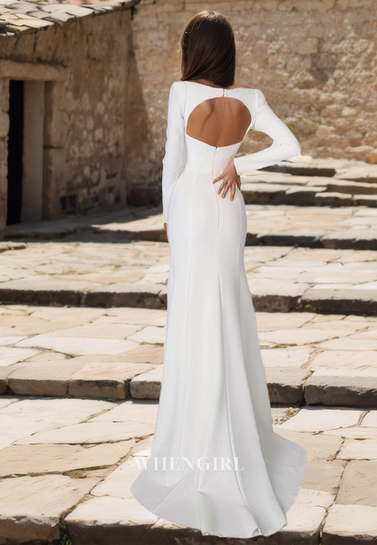 Square Neck Mermaid Long Sleeves Long Pleats Satin Wedding Dress with Sweep Train Bridal Gowns