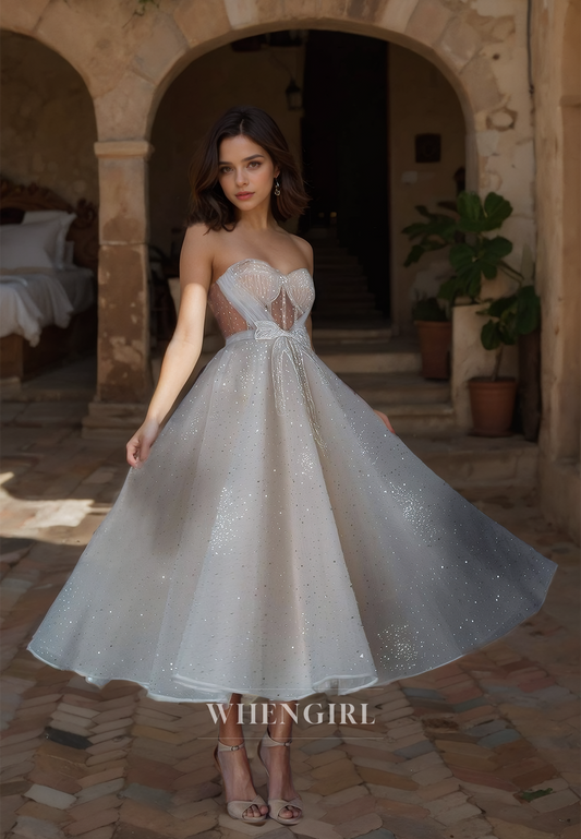 Beach A-Line Sweetheart Wedding Dress Sleeveless Tea-Length Pleated BeadsTulle Boho Gowns with Bows