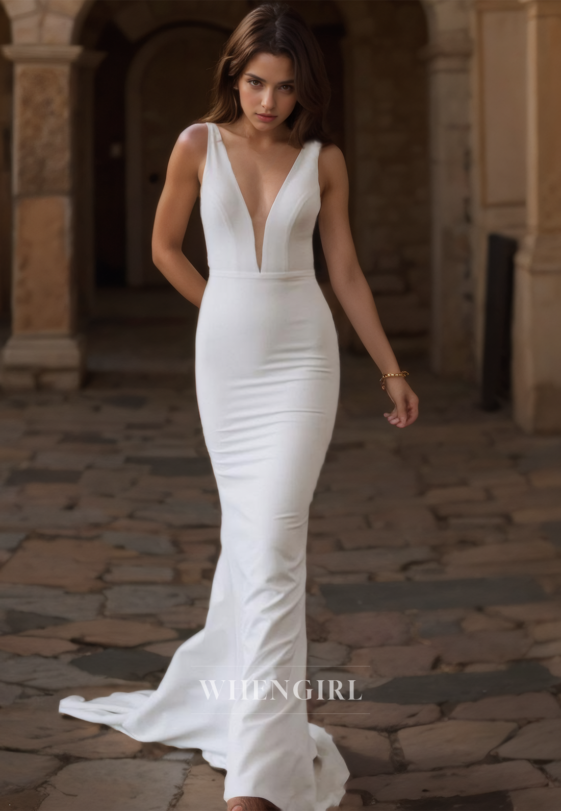 Deep V-Neck Sleeveless Mermaid Wedding Dress Spaghetti Straps Bridal Dress with Sweep Train