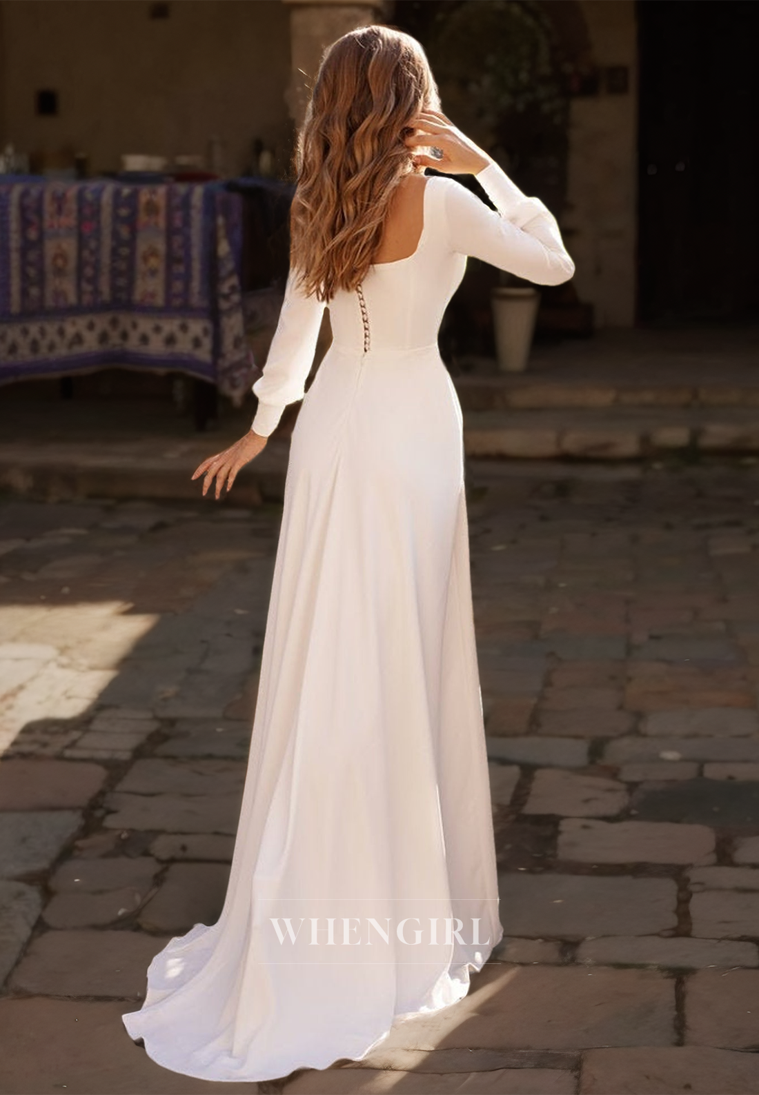 Square Neck A-Line Long Sleeves Long Pleats Satin Wedding Dress with Sweep Train Bridal Gowns