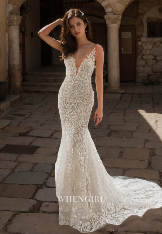 V-Neck Sleeveless Mermaid Wedding Dress Spaghetti Straps Lace Appliques Bridal Dress with Train