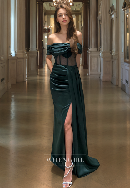 Off-Shoulder Sheath Sleeveless Sweep Train Stripe Pleats Satin Prom Dress with Slit Evening Dress