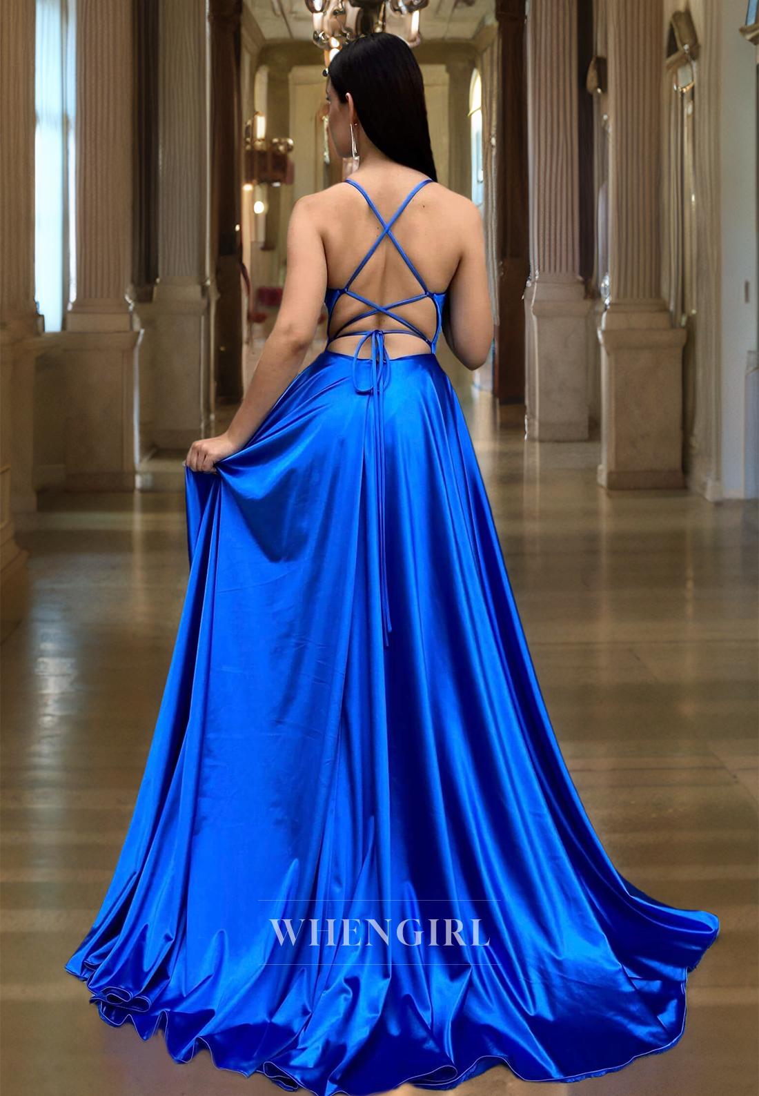 A-Line Spaghetti Straps Sweetheart Sleeveless High Slit Pleats Satin Party Gown with Train Prom Dress