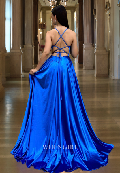 A-Line Spaghetti Straps Sweetheart Sleeveless High Slit Pleats Satin Party Gown with Train Prom Dress