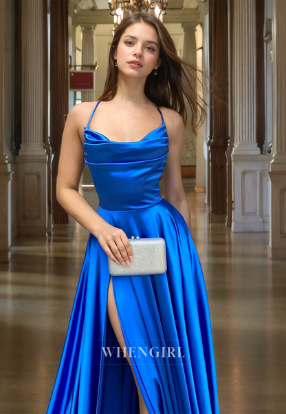 A-Line Spaghetti Straps Sweetheart Sleeveless High Slit Pleats Satin Party Gown with Train Prom Dress