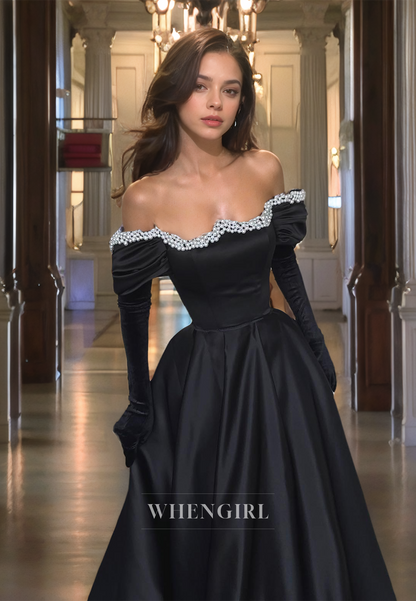 Tube Top A-Line Long Sleeves Prom Dress Floor-Length Pleated Satin Evening Gowns with Beaded