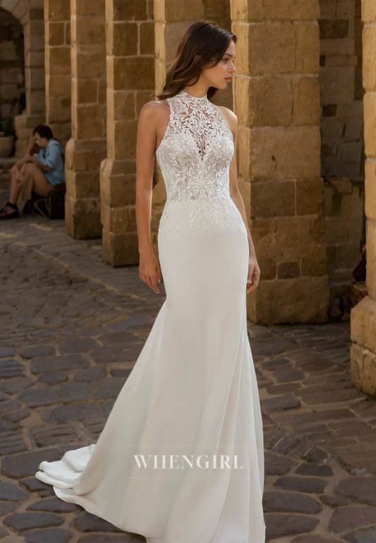 Halter Neck Sleeveless Sheath Sweep Train Satin Wedding Dress with Appliques Bridal Dress