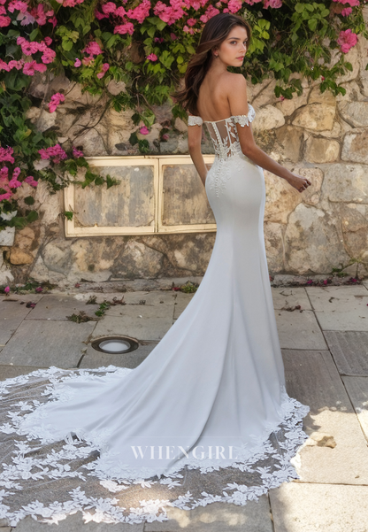 Off-Shoulder Sweetheart Sleeveless Mermaid Wedding Dress Sweep Train Satin Bridal Gowns with Appliques