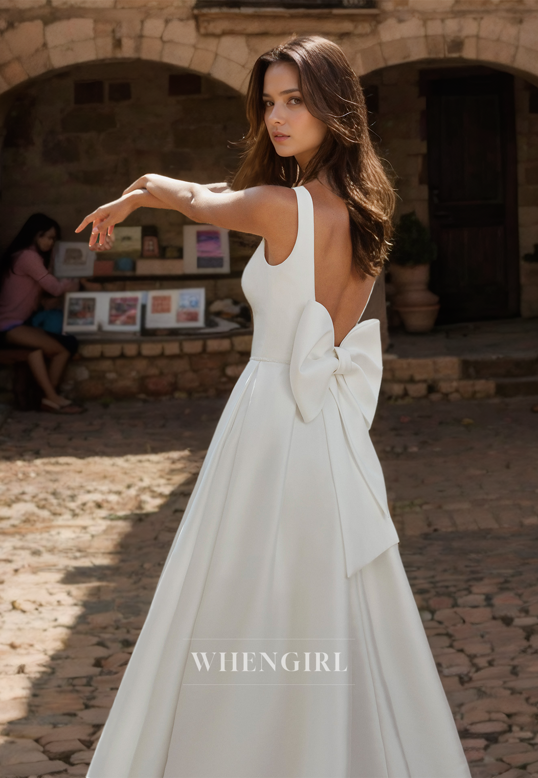 A-Line Square Neck Spaghetti Straps Wedding Dress High Split Train Satin Bridal Gown with Bows