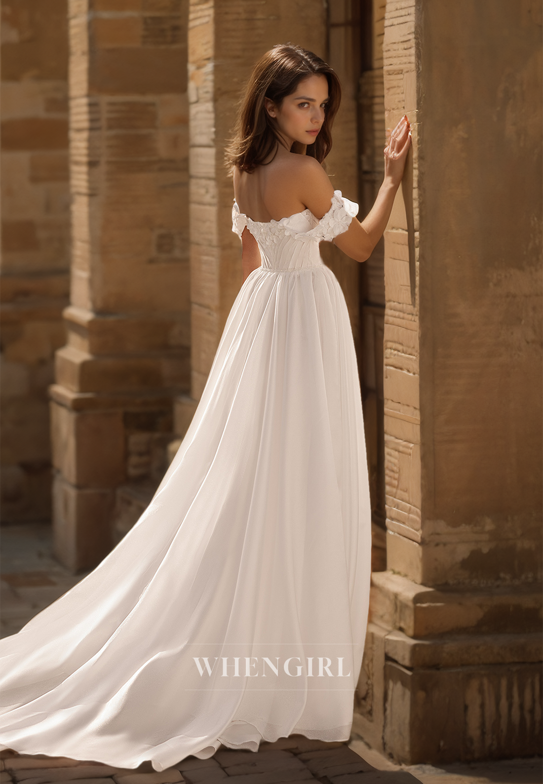 Off-Shoulder A-Line Sweetheart Sleeveless Floral Ruched Satin Wedding Dress with Train Bridal Gowns