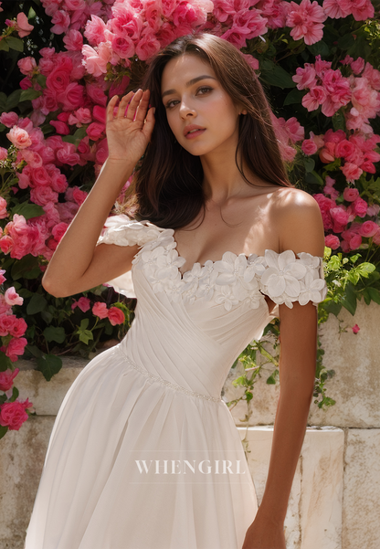 Off-Shoulder A-Line Sweetheart Sleeveless Floral Ruched Satin Wedding Dress with Train Bridal Gowns