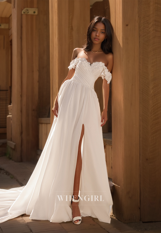 Off-Shoulder A-Line Sweetheart Sleeveless Floral Ruched Satin Wedding Dress with Train Bridal Gowns