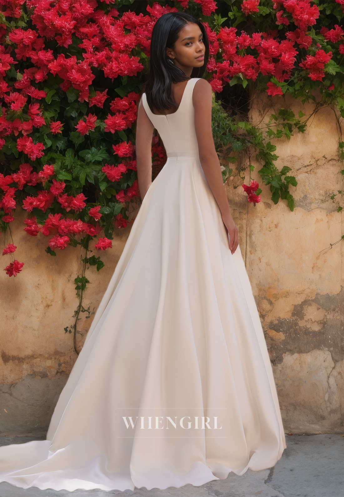 A-Line Square Neck Spaghetti Straps Bridal Dress Sleeveless Pleated Satin Wedding Dress with Train