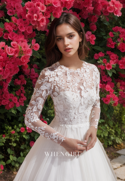 Scoop Neck A-Line Long Sleeves Sweep Train Pleated Lace Wedding Dress with Appliques Bridal Gowns