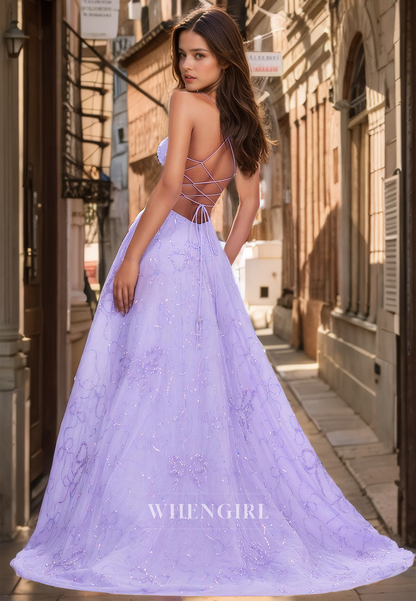Spaghetti Straps A-Line Sweetheart Prom Dress Sleeveless Appliques Lace Evening Gowns with Train