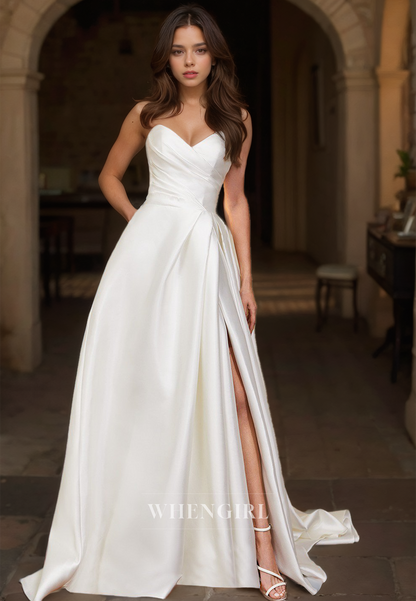 A-Line Sweetheart Sleeveless High Split Pleated Satin Bridal Dress with Sweep Train Wedding Dress