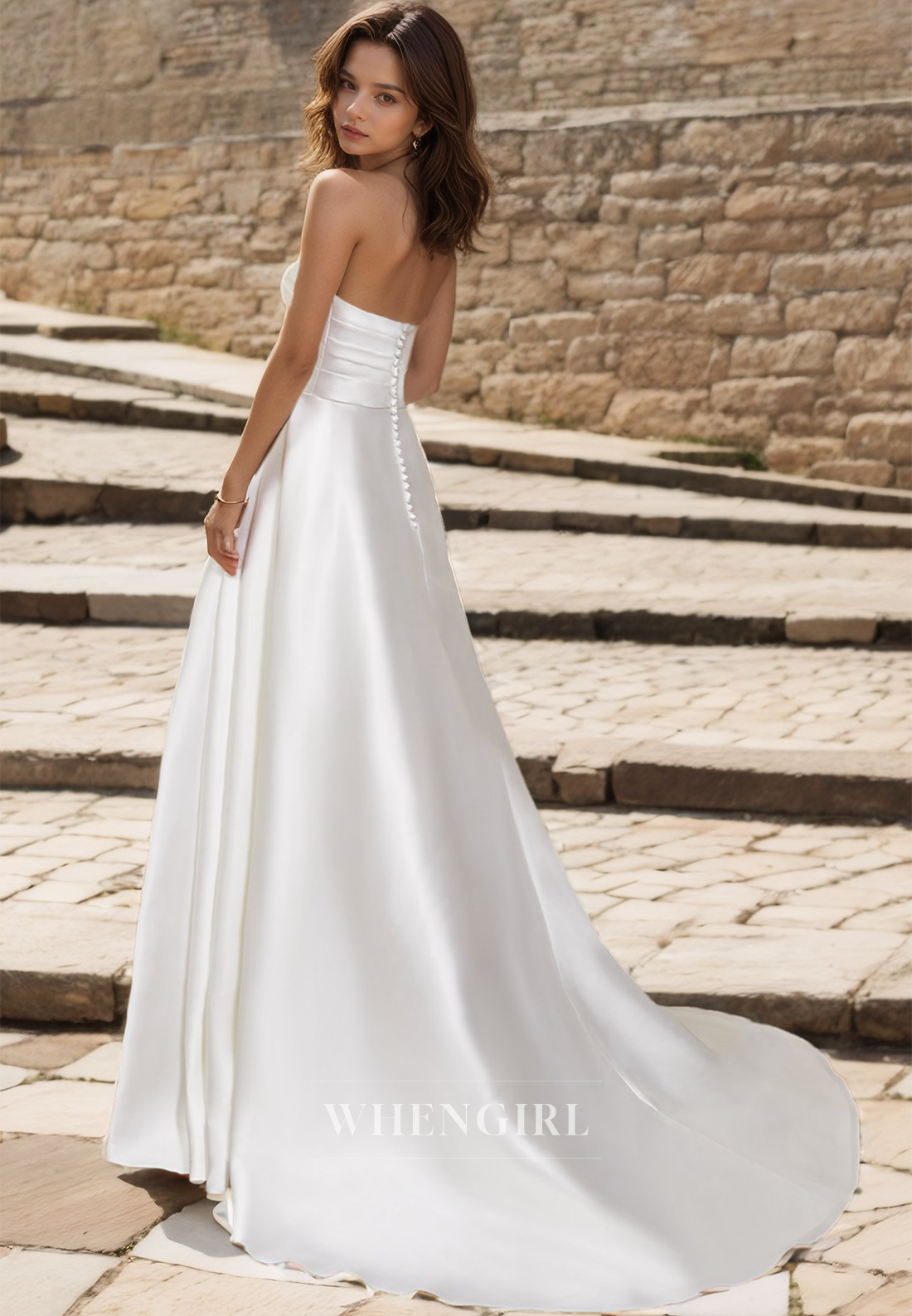 A-Line Sweetheart Sleeveless High Split Pleated Satin Bridal Dress with Sweep Train Wedding Dress