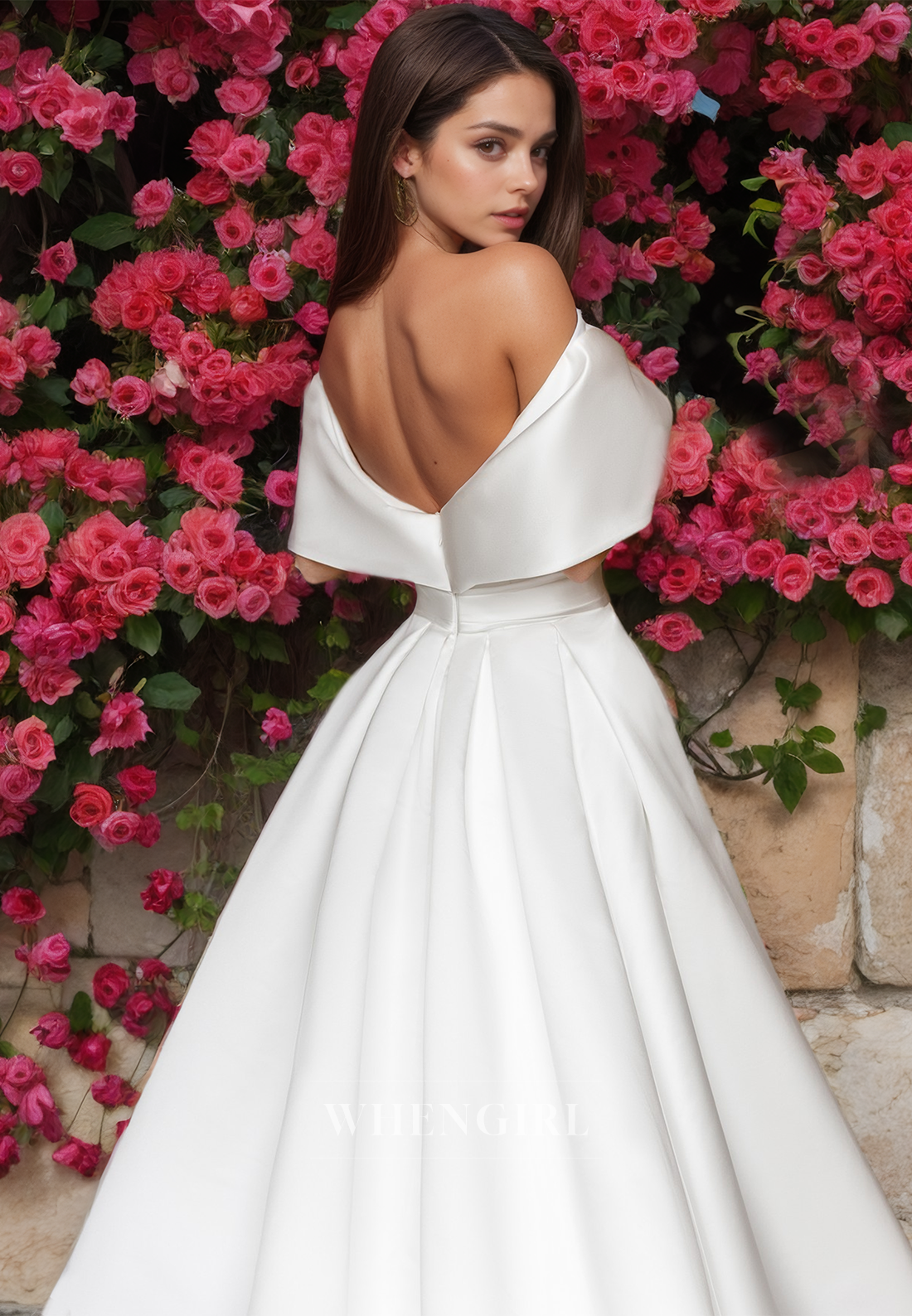 A-Line V-Neck Off-Shoulder Sleeveless Brush Train Satin Wedding Dress Bridal Gowns with Pleats