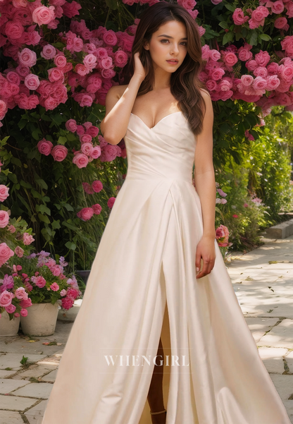 A-Line Sweetheart Sleeveless High Split Pleated Satin Bridal Dress with Sweep Train Wedding Dress