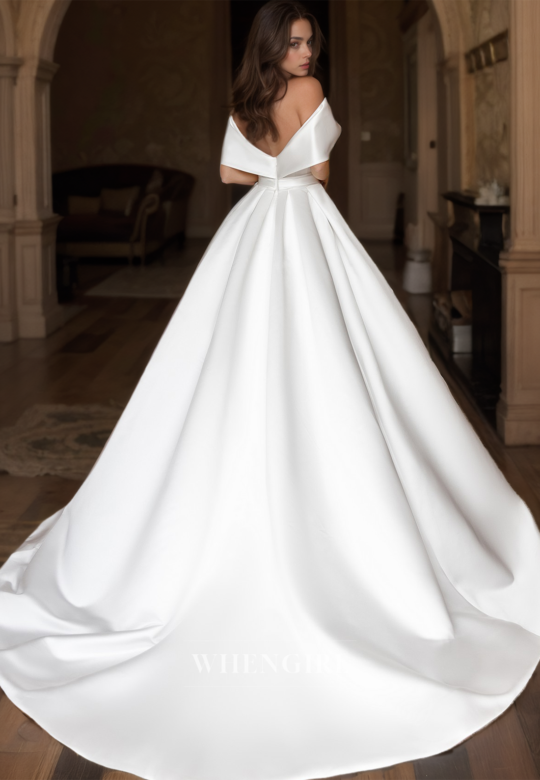 A-Line V-Neck Off-Shoulder Sleeveless Brush Train Satin Wedding Dress Bridal Gowns with Pleats