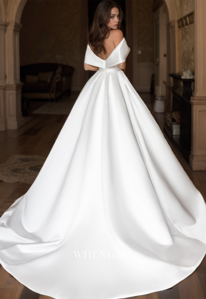 A-Line V-Neck Off-Shoulder Sleeveless Brush Train Satin Wedding Dress Bridal Gowns with Pleats