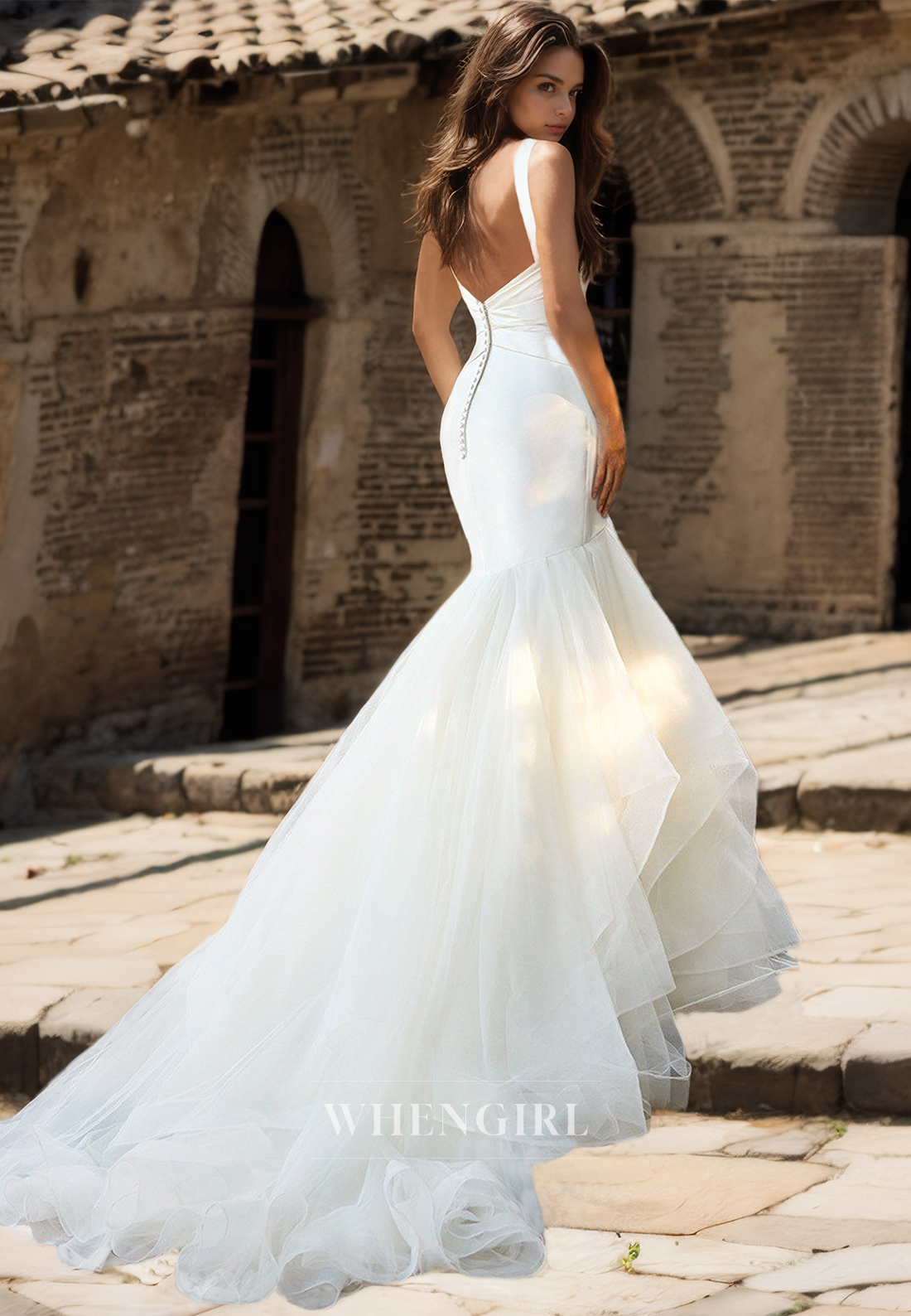 V-Neck Straps Sleeveless Mermaid Wedding Dress Ruched Satin Bridal Dress with Lace Train