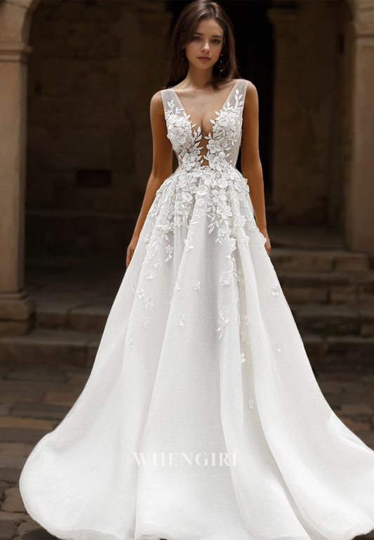 A-Line Straps V-Neck Sleeveless Sweep Train Pleated Tulle Wedding Dress with Appliques Bridal Dress