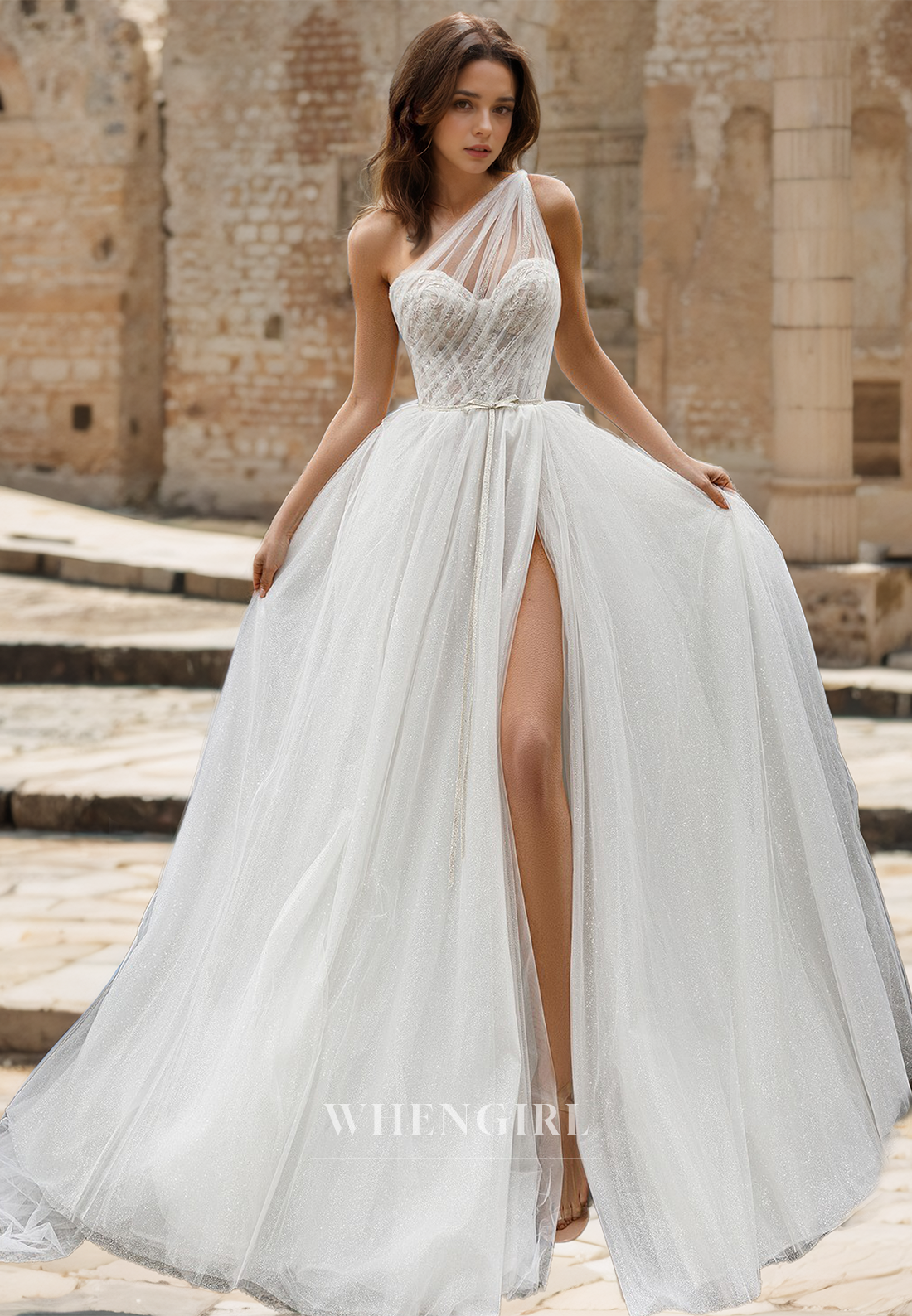 Asymmetrical A-Line One Shoulder Sleeveless High Slit Lace Wedding Dress with Appliques Bridal Gowns