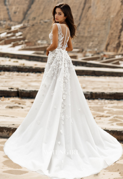A-Line Straps V-Neck Sleeveless Sweep Train Pleated Tulle Wedding Dress with Appliques Bridal Dress