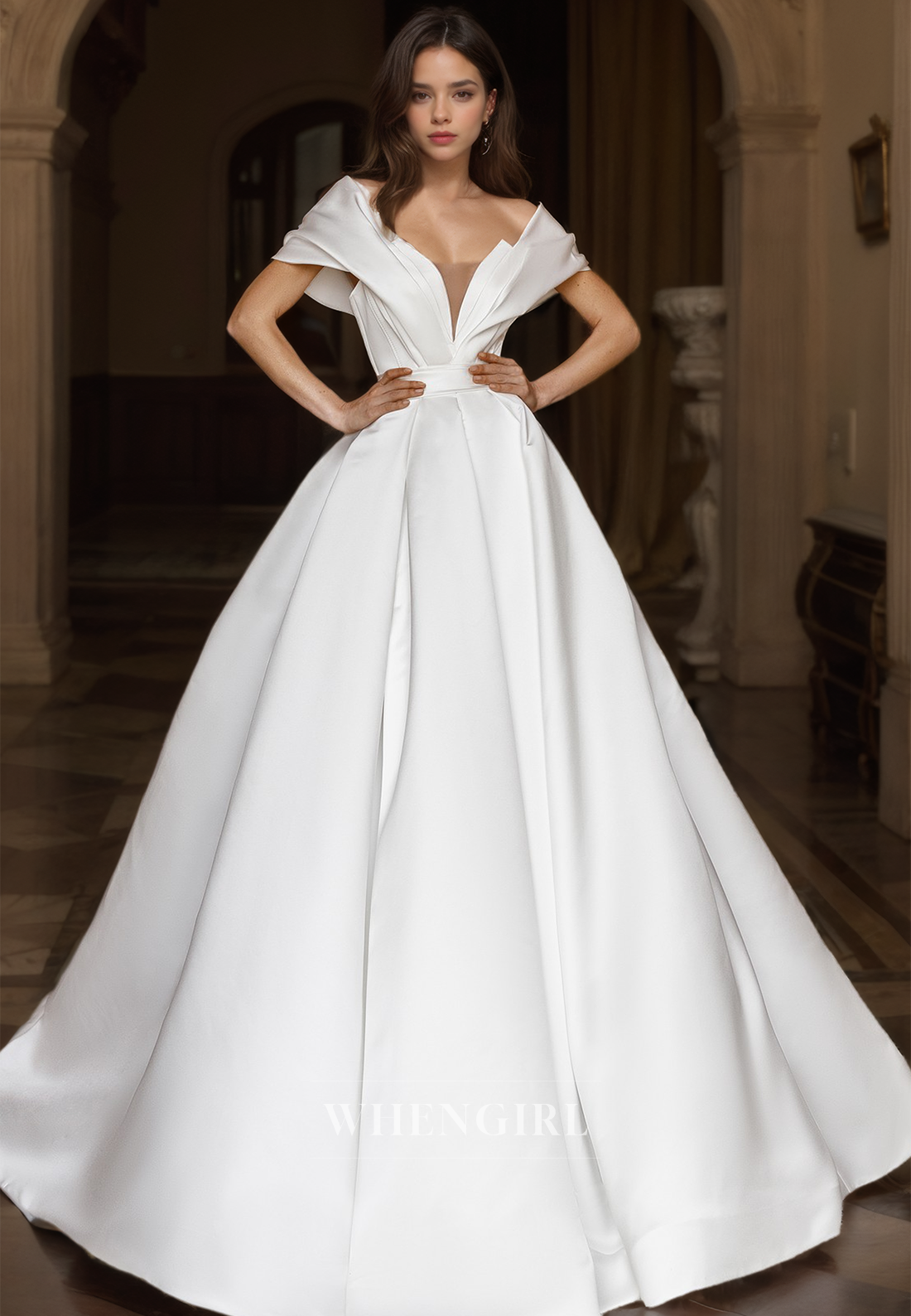 A-Line V-Neck Off-Shoulder Sleeveless Brush Train Satin Wedding Dress Bridal Gowns with Pleats