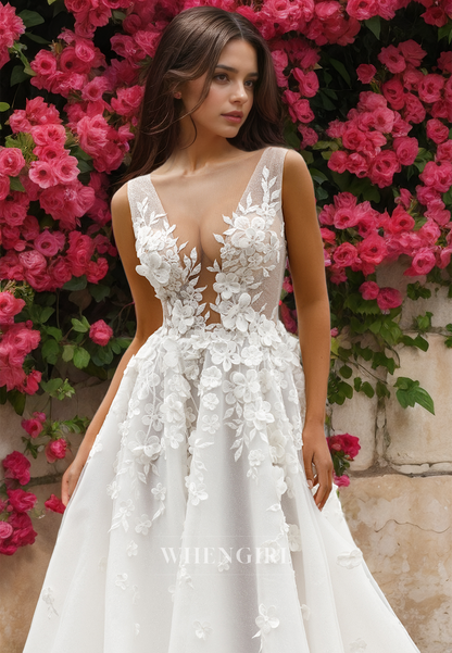 A-Line Straps V-Neck Sleeveless Sweep Train Pleated Tulle Wedding Dress with Appliques Bridal Dress