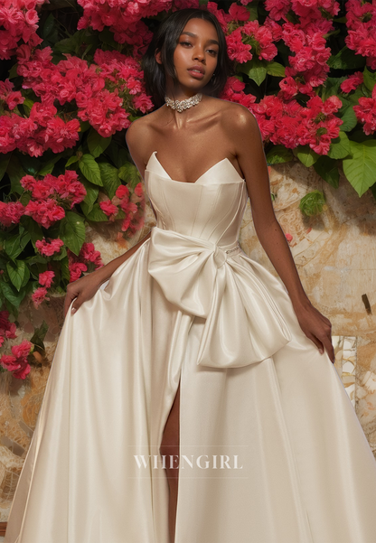 Sweetheart A-Line Sleeveless Stripe High Slit Train Pleats Satin Wedding Dress Bridal Gowns with Bows