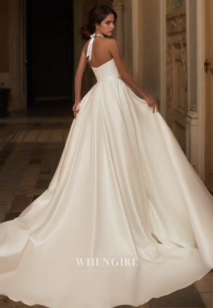 Sweetheart A-Line Sleeveless Stripe High Slit Train Pleats Satin Wedding Dress Bridal Gowns with Bows